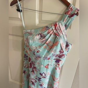 Eliza J Aqua Floral 1-shoulder Dress 8P Petite Chiffon Wedding Guest